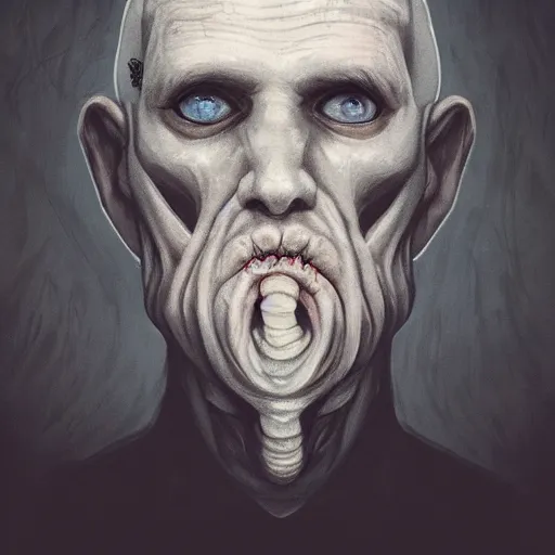 Image similar to eerie portrait of creepy pale old man with fish like facial features and gilles in his neck, painted, fish man, tentacles, trending on art station, love craftian, dark lighting