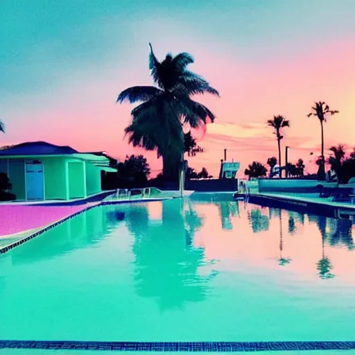 Prompt: motel, swimmingpool, sunset, palms, beach, sunset, vaporwave, pink, blue, green, purple, aesthetic.