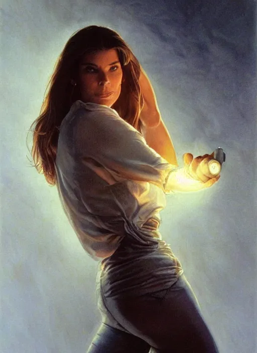 Image similar to Sandra Bullock (1990) as a muscled heroine staring into the camera, torch shadows, foggy night, intricate, elegant, highly detailed, Donato Giancola, Joseph Christian Leyendecker, WLOP, Boris Vallejo, Artgerm