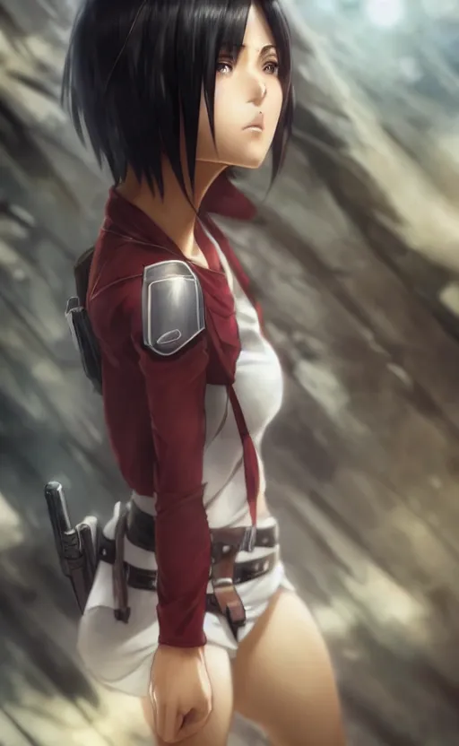 Image similar to mikasa ackerman, hero pose, medium shot, bokeh, beautiful face!!!!, 2 7 years old, cg animation, lifelike, animated, realistic, character select portrait, by artgerm, greg rutkowski, alphonse mucha, 3 d