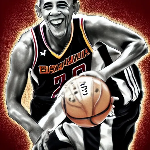 Image similar to obama playing basketball, black, maroon, and brown ink, detailed, hyperrealistic trending on artstation