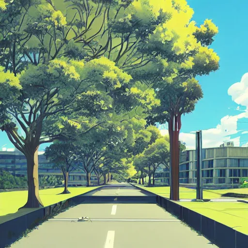 Prompt: private academy entrance, boulevard, cannabis oak trees, university in the distance, overhanging branches, long road, cel - shading, 2 0 0 1 anime, flcl, jet set radio future, the world ends with you, kid a, cel - shaded, strong shadows, vivid hues, y 2 k aesthetic, art by cgsociety pixar