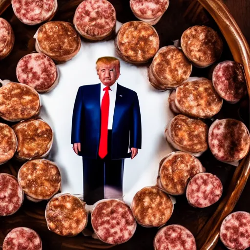 Image similar to Donald Trump in a bed covered in sausages, Canon EOS R3, f/1.4, ISO 200, 1/160s, 8K, RAW, unedited, symmetrical balance, in-frame