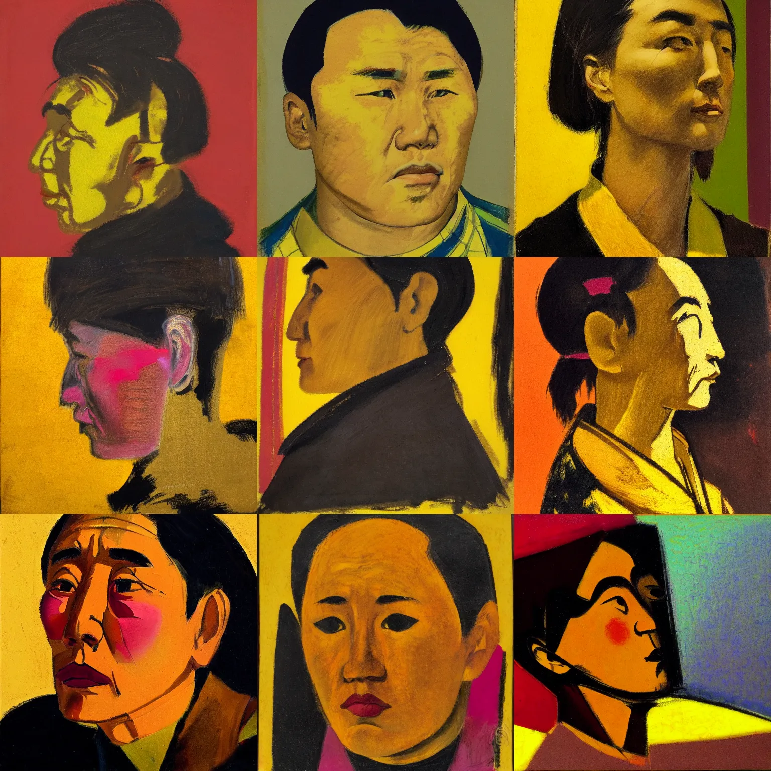 Prompt: profile portrait in kazakh realist style ( 1 9 5 4 ), yellow ochre, quinacridone magenta, mars black, modeled lighting, detailed, expressive, shadows