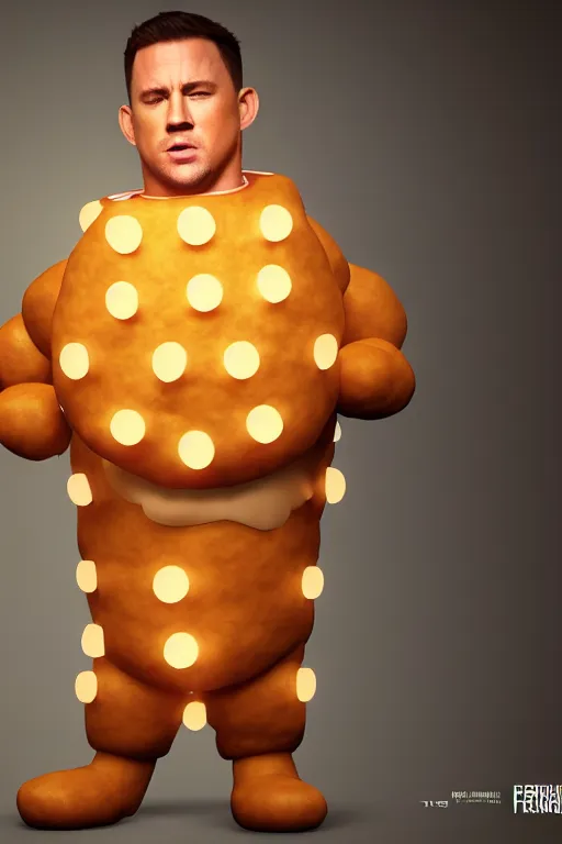 Image similar to channing tatum in a tater tot costume, tater tot face, ef 8 5 mm f 1. 8 usm, bionic scifi alexandre ferra, hyper detailed, digital art, trending in artstation, cinematic lighting, studio quality, smooth render, unreal engine 5 rendered, octane rendered