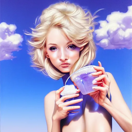 Image similar to a cute girl eating icecreen, long drinks by laura rigo, clouds, blue sky art by peter lloyd, 1 9 8 0's art, airbrush style, art by hajime sorayama,, intricate, elegant, sharp focus, illustration, highly detailed, concept art, matte, sharp focus, illustration, highly detailed, 6 4 0