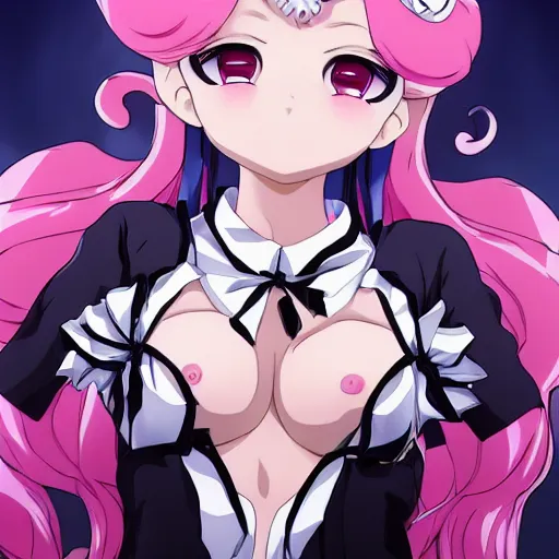 Image similar to stunningly beautiful omnipotent megalomaniacal anime goddess who looks like junko enoshima with porcelain skin, pink twintail hair and mesmerizing cyan eyes, symmetrical perfect face smiling in a twisted, mischievous, devious and haughty way while looking down upon the viewer and taking control, mid view, hyperdetailed, 2 d, 8 k