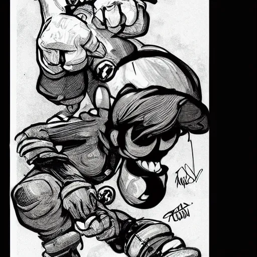 Image similar to mario stomping on a goomba, line art black and white, art by artgerm and greg rutkowski and alphonse mucha