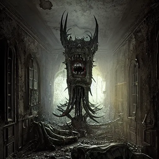 Image similar to bloody demonic snarling horror creature, inside an old abandoned house, backlit, extremely detailed digital matte painting by Greg Rutkowski and H.R. Giger