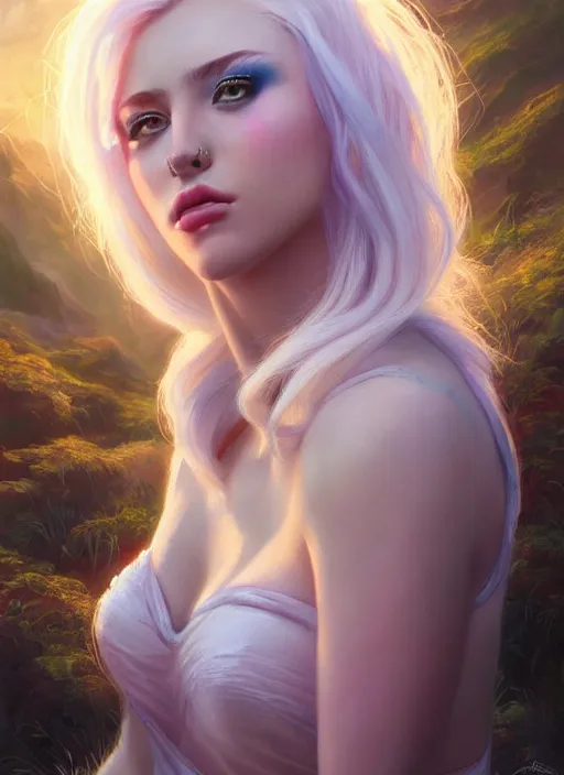 Prompt: girl with iridescent hair, beautiful highly detailed face, complementary lighting, backlit, eyeshadow, lipstick, divine, dramatic lighting, landscape background, beautiful painting by artgerm and greg rutkowski and raymond swanland