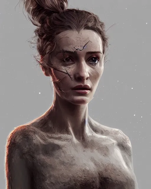 Prompt: The face of a woman being slowly recovered of tree roots, calm-looking, digital art, artstation, 8k, intricate, meaningful