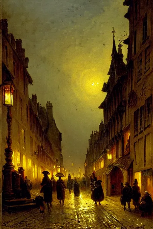 Image similar to detailed painting of a street of saint malo after a bombing, lanterns glowing, dusk, filigree ornaments, andreas achenbach