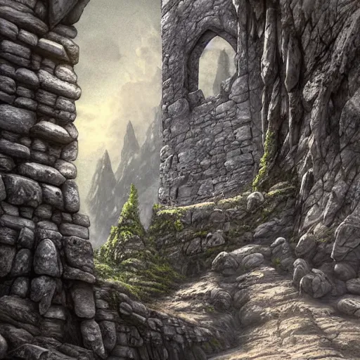 Image similar to abandoned stone fortress made by dwarves, carved into mountainside, fantasy, moody, high walls, single gate, architectural, digital painting