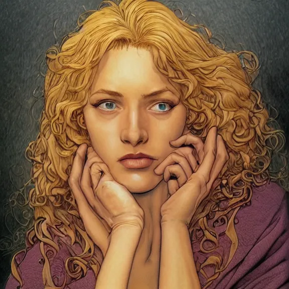 Prompt: a highly detailed portrait in the style of michael whelan and in the style of milo manara.