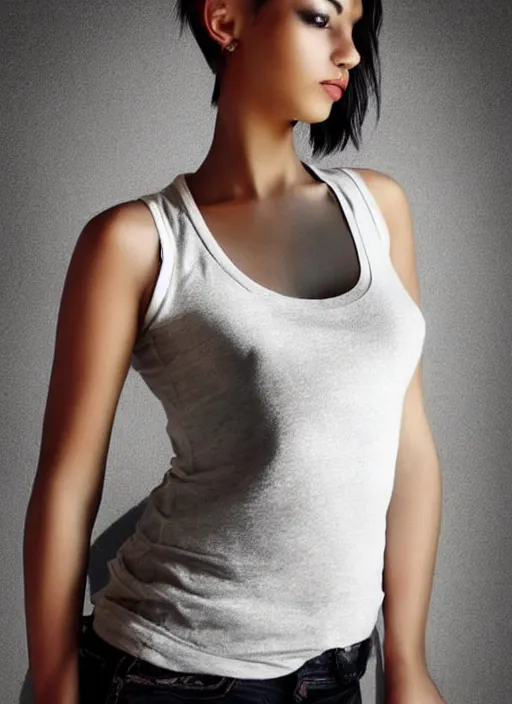 Prompt: attractive girl, short hair, dark skin, slim, white tank top, digital art