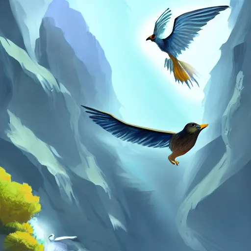 Image similar to concept art of a bird diving thru a diamond canyon, trending on artstation