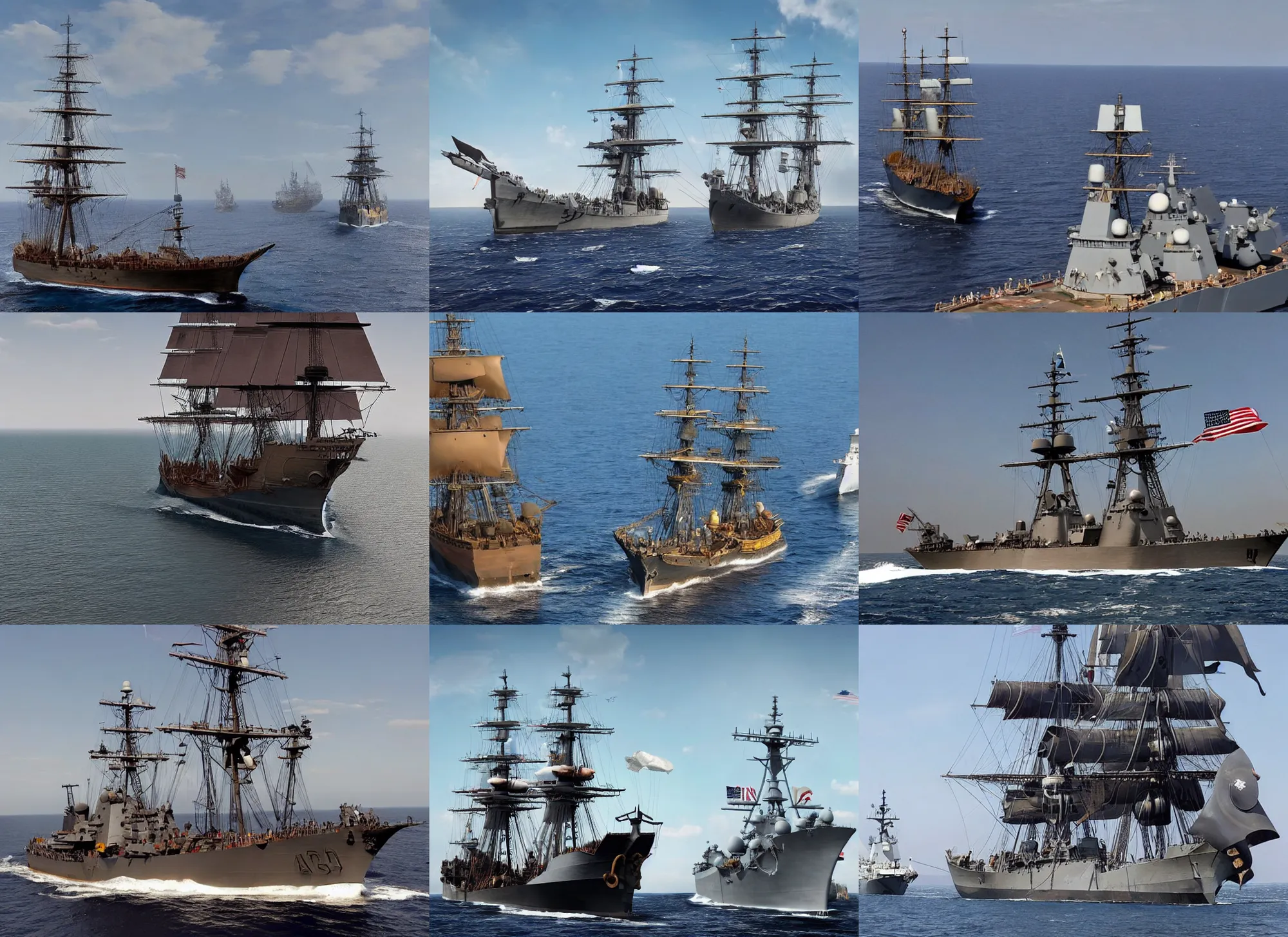 Image similar to a 1700s pirate ship sailing next to modern day US destroyer sailing side by side, hyper-realistic