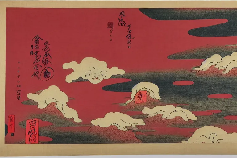 Prompt: ukiyo - e style, ghosts walking at night, clouds and mist, folding fan, wide angle, manzhu sand, hand - painted, granular sense, rich color, red tone, dry bones, beauty