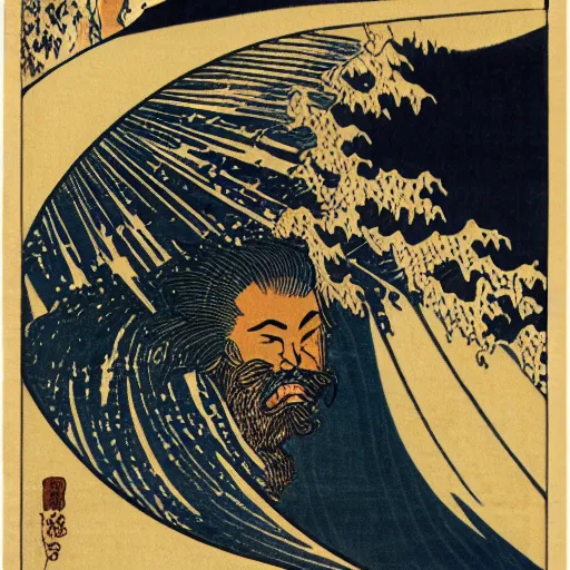 Image similar to bearded man surfing, woodblock print, style of hokusai, fine art, style of kanagawa, painting