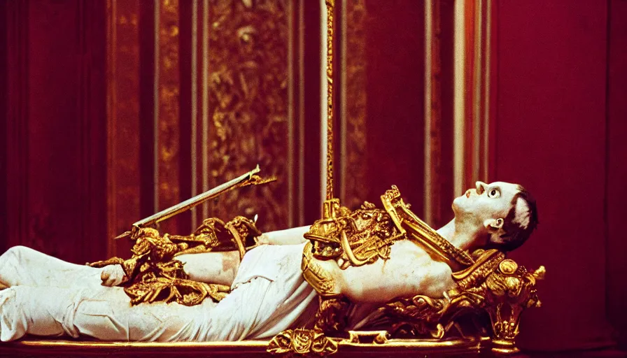 Prompt: movie still close - up of caligula dead - slaughtered on a gold throne in a neoclassical room, cinestill 8 0 0 t 3 5 mm, high quality, heavy grain, high detail, dramatic light, cinematic composition, flares, anamorphic, blood, bleeding, by tarvovsky