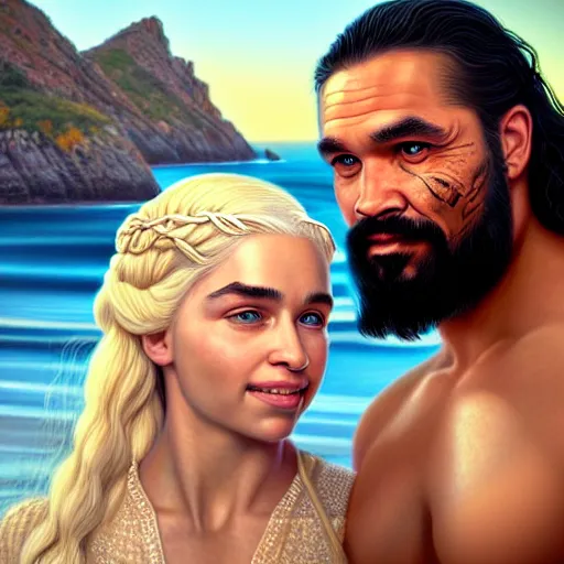 Image similar to beautiful serene intricate portrait of daenerys targaryen and khal drogo taking a selfie, smiling softly, relaxing on the beach, golden hour, soft focus, 8 k, art by irakli nadar, hyperrealism, hyperdetailed, ultra realistic