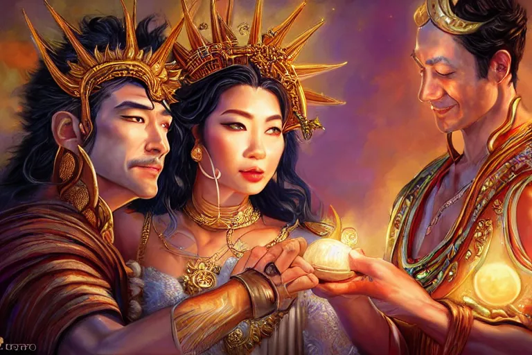 Image similar to close up moment of a divine a sun god and a moon goddess lovers magician at a wedding banquet, highly detailed, d & d, fantasy, highly detailed, digital painting, trending on artstation, concept art, sharp focus, asian feature, illustration, art by artgerm and daniel gerhartz and magali villeneuve