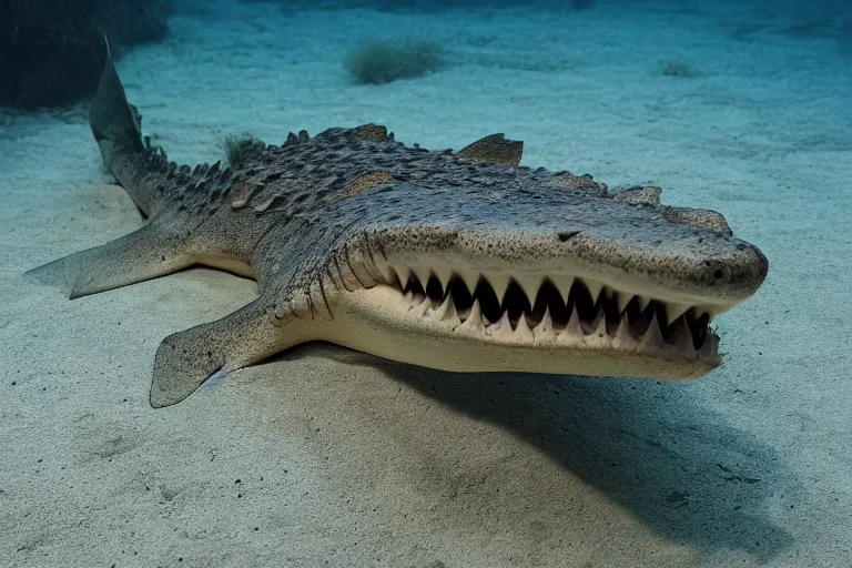 Image similar to a crocodile shark!!! hybrid! hyper realistic!! realistic lighting!! wildlife photographer of the year!!! bold natural colors, national geographic, hd, wide angle, 8 k