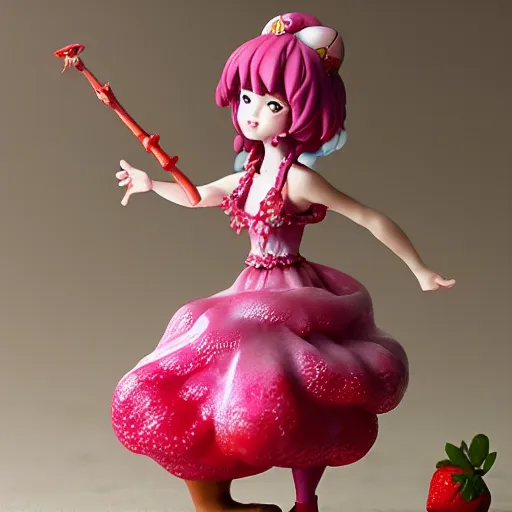 Prompt: a femo figurine of a cute funny strawberry fairy with a frilly floral dress featured in genshin impact by loish