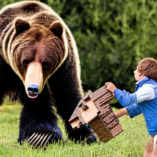 Image similar to a life sized, living, grizzly bear made from lego, attacking someone.