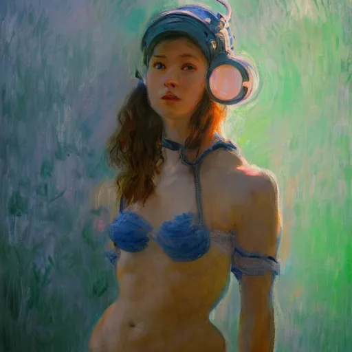 Prompt: Monet portrait painting of a cyborg girl, medium shot, asymmetrical, profile picture, Organic Painting, sunny day, Matte Painting, bold shapes, hard edges, street art, trending on artstation, by Huang Guangjian and Gil Elvgren and Sachin Teng