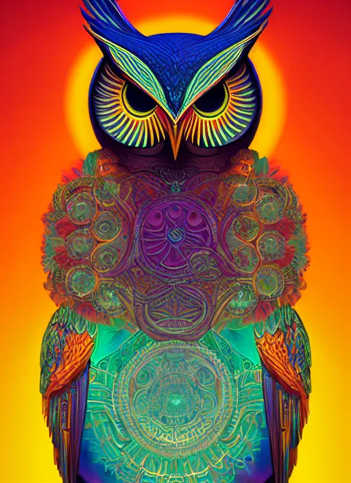 Image similar to symmetry!! product render poster vivid colors divine proportion owl, 神 圣, glowing fog intricate, elegant, highly detailed, digital painting, artstation, concept art, smooth, sharp focus, illustration,