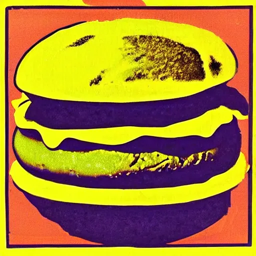 Image similar to a sausage egg and cheese mcmuffin, in the style of andy warhol