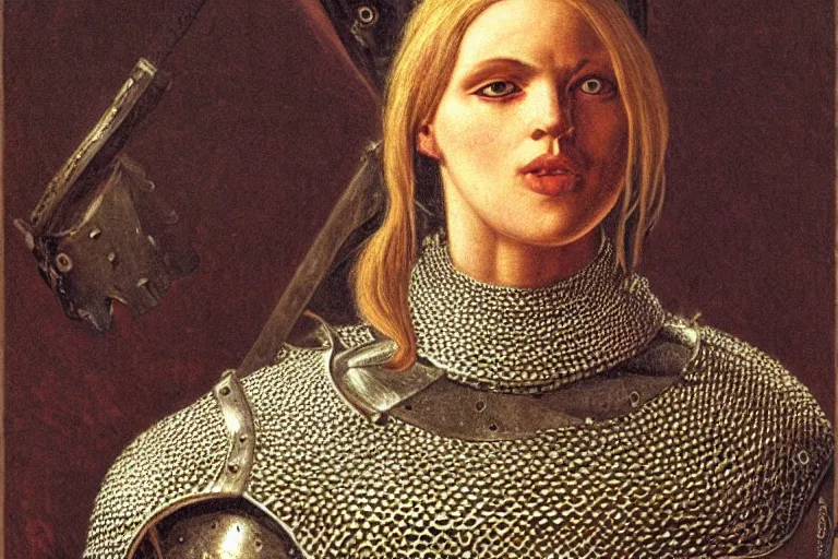 Prompt: detailed portrait of a female knight wearing chainmail armor, johfra bosschart,