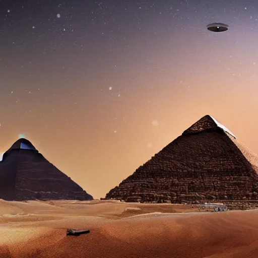 Image similar to digital art of a UFO building the great pyramids of Giza, 4k detailed artstation