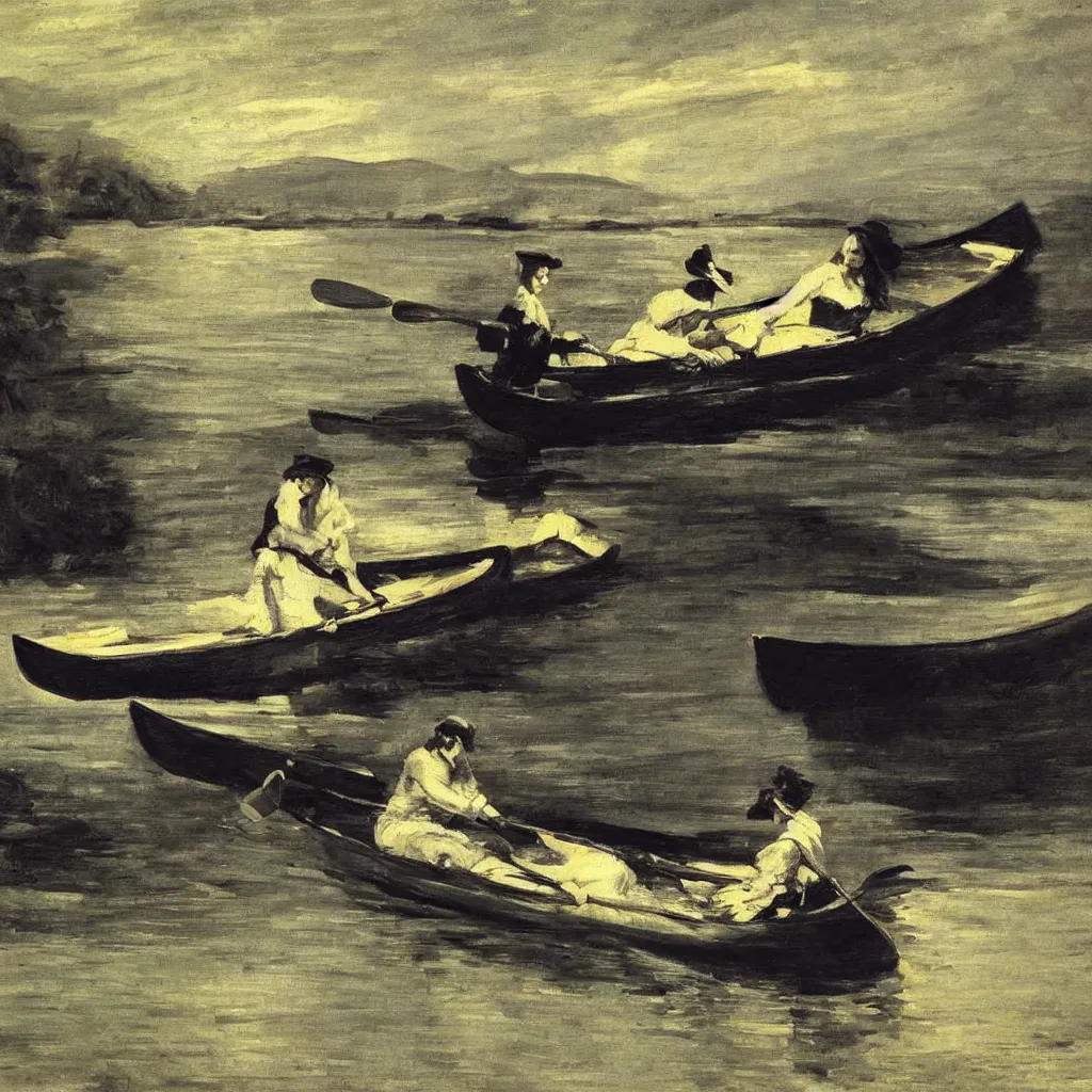 Image similar to a beautiful woman sitting in canoe on the hudson river, oil painting, style of george bellows