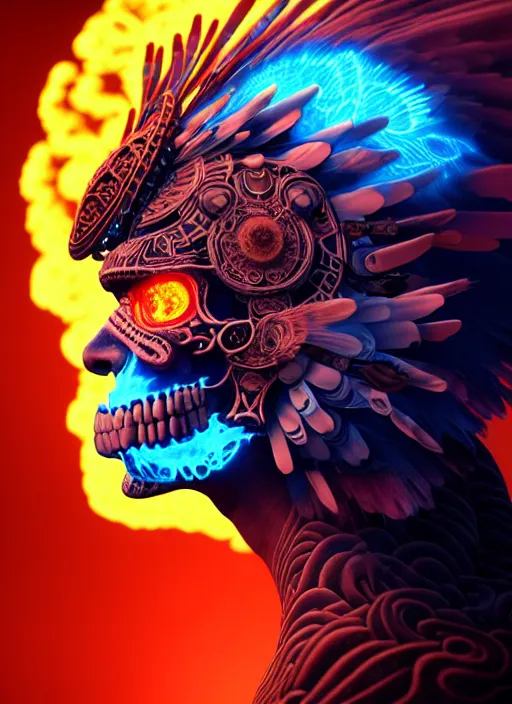 Image similar to 3 d shaman with tattoos profile portrait, sigma 5 0 0 mm f / 5. beautiful intricate highly detailed quetzalcoatl skull and feathers. bioluminescent, plasma, lava, ice, water, wind, creature, thunderstorm! artwork by tooth wu and wlop and beeple and greg rutkowski, 8 k trending on artstation,