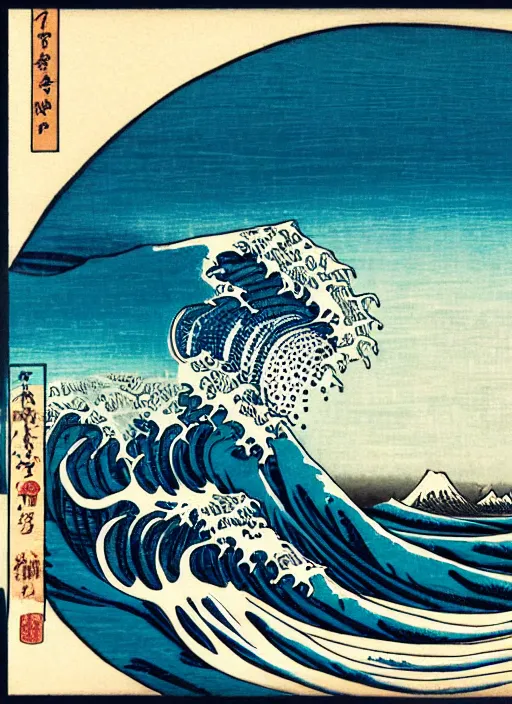 Prompt: a painting of waves in the ocean with mountains in the background, a woodcut by utagawa hiroshige ii, pixiv, ukiyo - e, ukiyo - e, vaporwave, woodcut