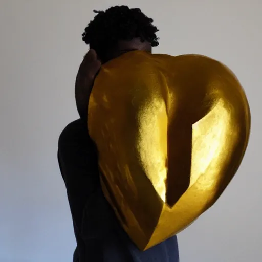 Image similar to big man, wearing a golden mask thats heart shaped.