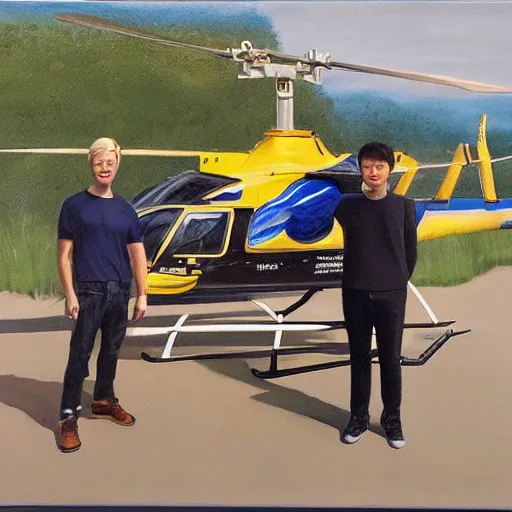 Image similar to painting of blonde swedish guy and tall korean guy in front or robinson helicopter