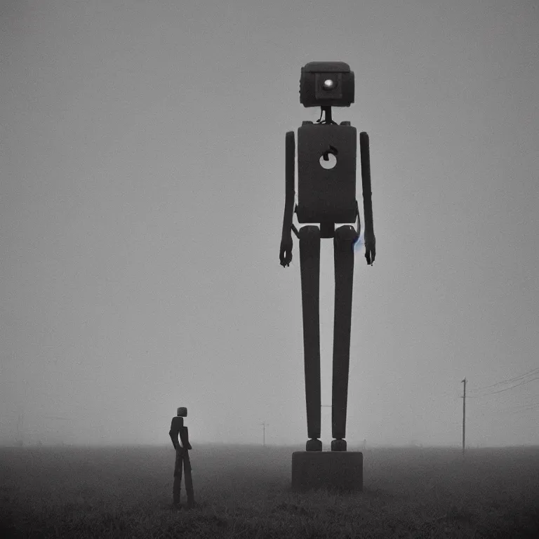 Prompt: a sole lanky liminal observer droid by dennis mejillones, in a brutalist yet rural landscape by simon stalenhag, 3 5 mm film photography, dawn, eerie fog