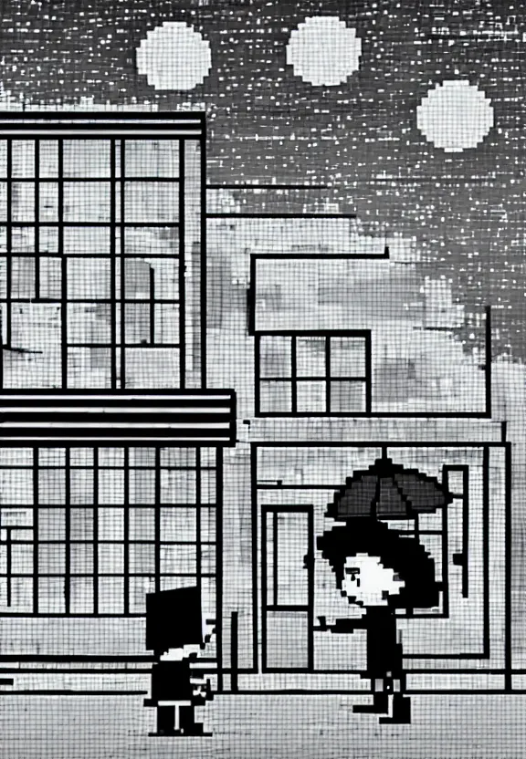 Image similar to little boy holding an umbrella in front of a bar at night, full moon, pixel art, black and white artwork