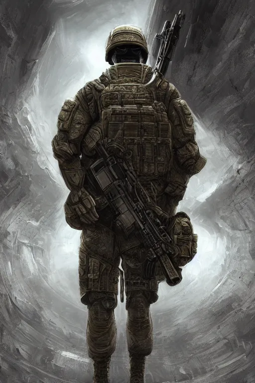 Prompt: ultra realist and ultra intricate detailed soft painting of a futuristic soldier, military, aiming his rifle down a hallway at an approaching xenonorph, sensual gloomy style, volumetric clouds, artstation, unreal render, depth of field