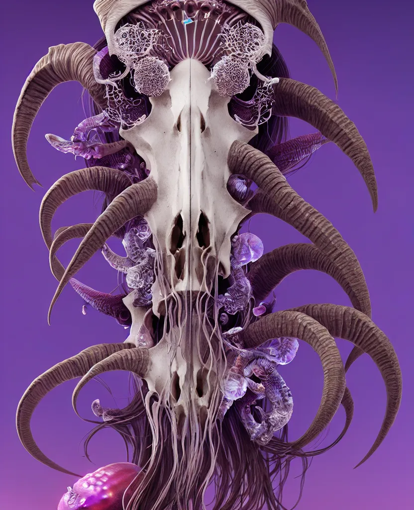 Image similar to goddess close-up portrait goat skull. jellyfish phoenix head, nautilus, orchid, skull, betta fish, bioluminiscent creatures, intricate artwork by Tooth Wu and wlop and beeple. octane render, trending on artstation, greg rutkowski very coherent symmetrical artwork. cinematic, hyper realism, high detail, octane render, 8k