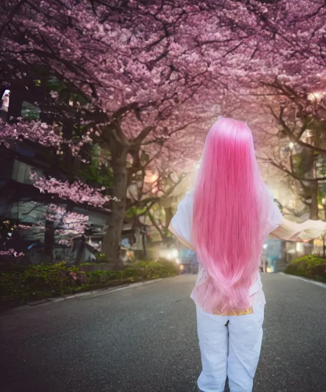 Prompt: video game girl, light pink hair with pink flames, cherry blossoms, neo tokyo, portrait, perfectly symmetrical, 5 0 mm