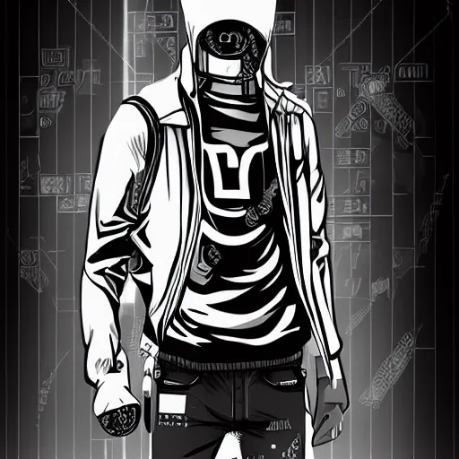 Image similar to edgy hacker man drinking energy drink, cyberpunk, futuristic, sumai-e artstyle, monochrome