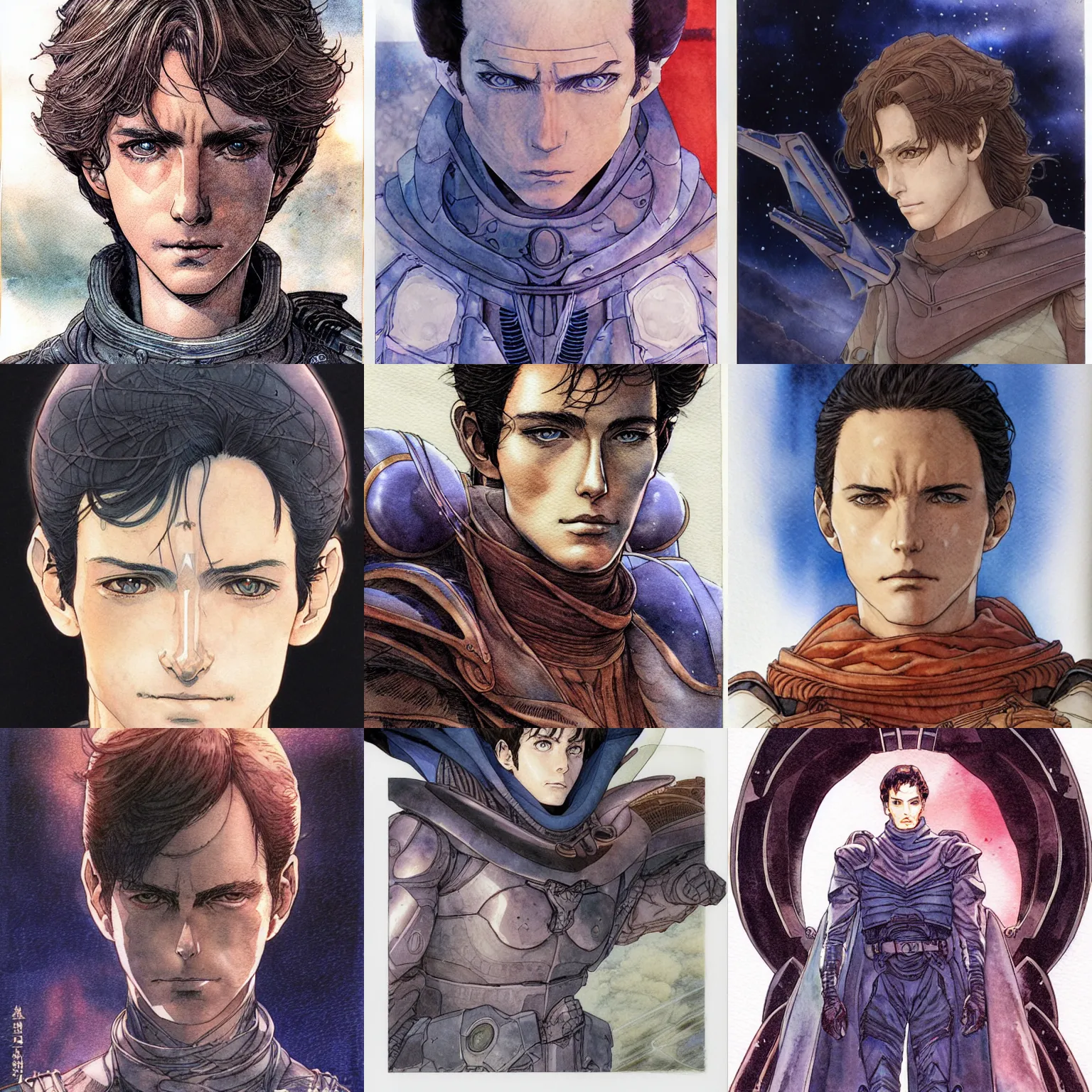 Prompt: paul atreides portrait by yoshitaka amano and moebius, watercolor, soft, delicate, masterpiece, anime