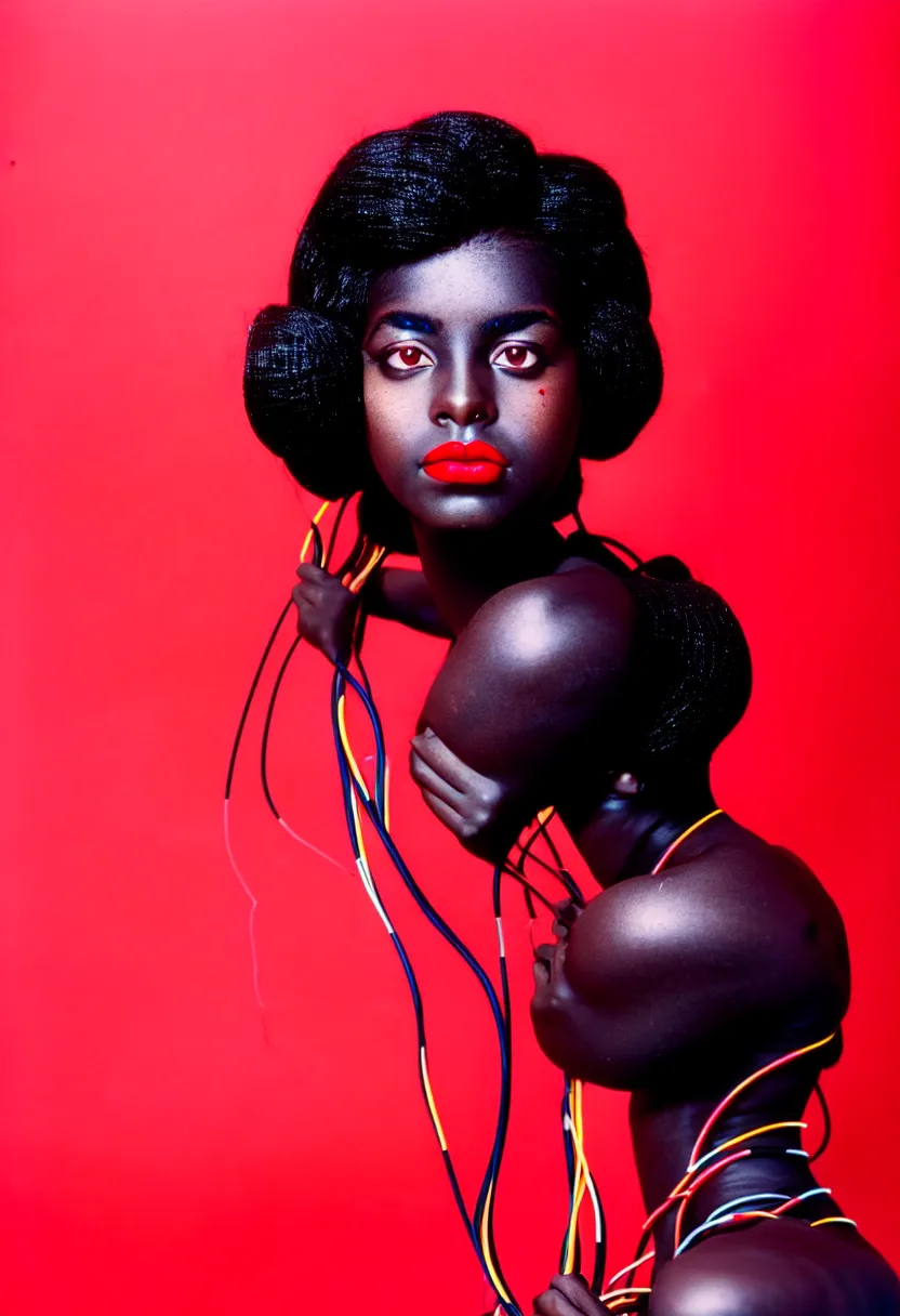 Image similar to medium shot, photograph of alluring dark skin young woman looking into camera, red lipstick, hundreds of cables and wires coming from her body, sharp focus,, as fashion editorial 9 0 s, symmetrical face, symmetry, kodak ektachrome