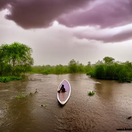 Prompt: hippy riding canoe around river bend, mangrove river banks, misty, viscous purple water, water jet clouds, torrent clouds, albert bierstadat landscape, twisted obelisk trees, high riverbanks, bioluminescent moss, organic assembly, dream haze, gradient aperture, perimeter vision aberration, dim with lightsource highlights