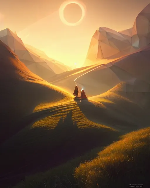 Prompt: summer evenings in the low - poly hills, diffuse lighting, intricate, elegant, highly detailed, lifelike, photorealistic, digital painting, artstation, illustration, concept art, smooth, sharp focus, by greg rutkowski, valentina remenar and asher duran,