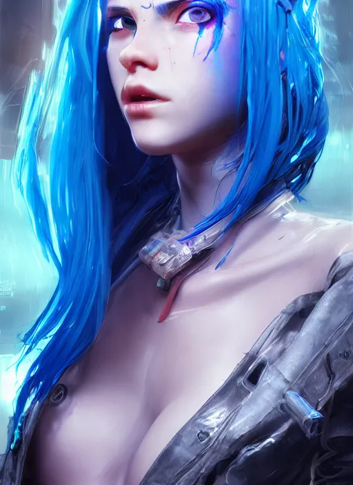 Image similar to beautiful young cyberpunk girl with blue hair, blue eyes, au naturel, hyper detailed, digital art, trending in artstation, cinematic lighting, studio quality, smooth render, fluorescent skin, unreal engine 5 rendered, octane rendered, art style by klimt and nixeu and ian sprigger and wlop and krenz cushart